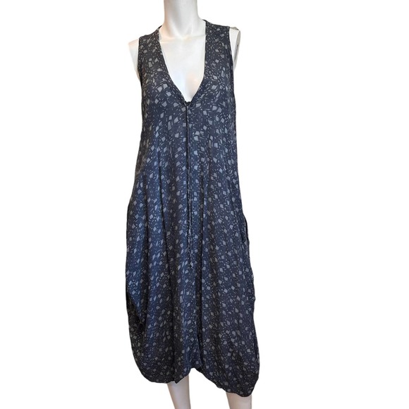 Biya by Johnny Was Blue & Beige Silk Tank Shift Dress w/Pockets sz S - Picture 1 of 8